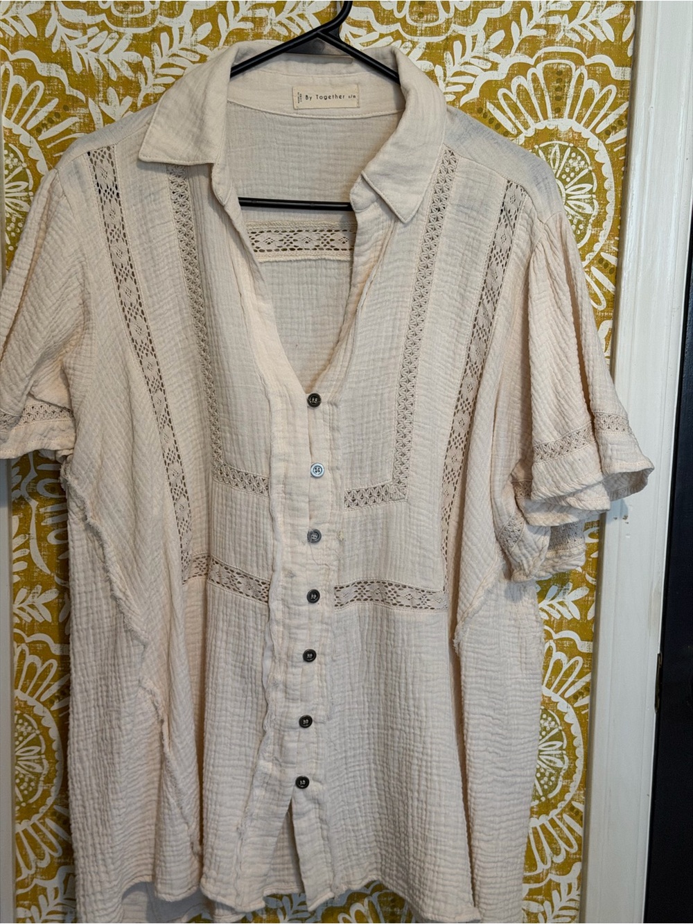 By Together Soft Cream Button-Front Lace Inset Blouse